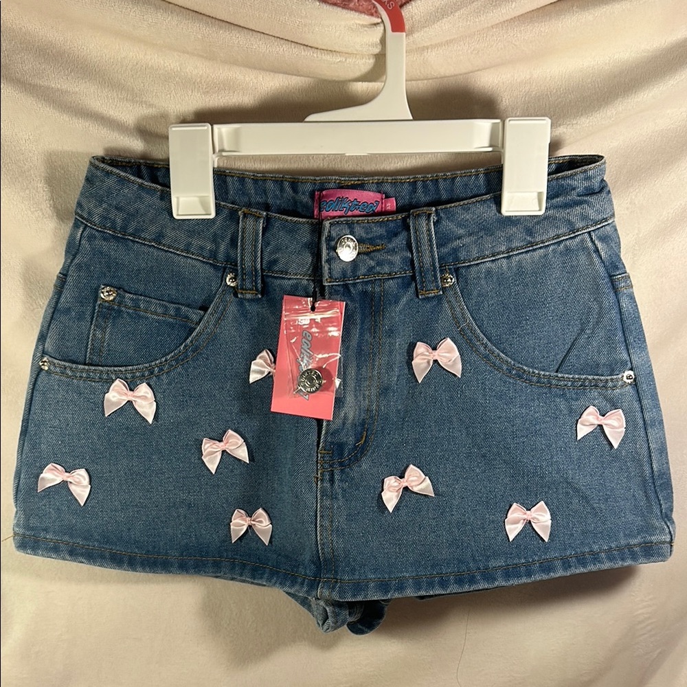 Edikted Denim “Skirt” with Shorts with Pink Bow Accents